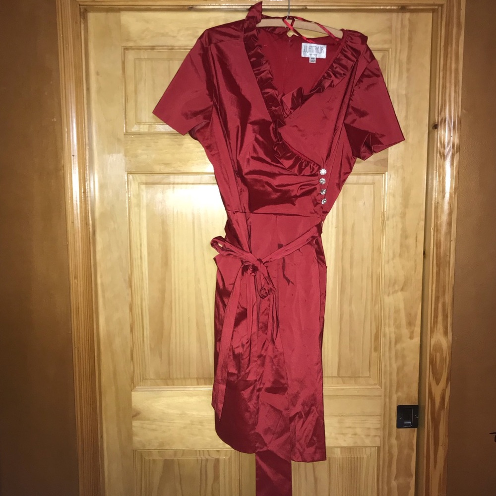 Plus size red taffeta embellished dress w/ pockets